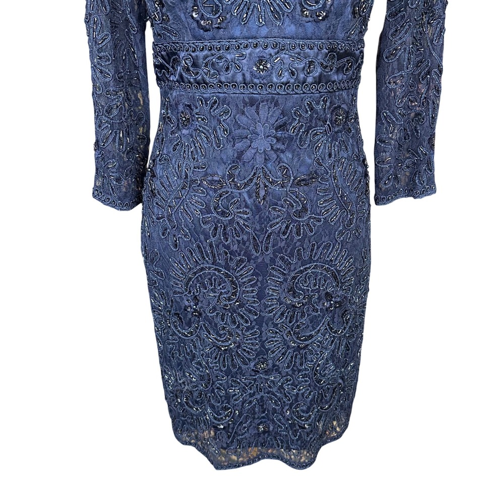 Sue Wong Navy Blue Beaded Lace Cocktail Dress V-Neck 3/4 Sleeve Formal Gown - Picture 6 of 16